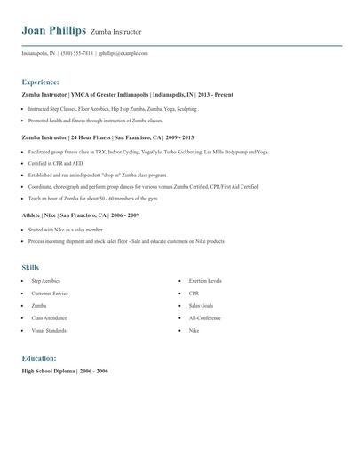 Zumba Instructor Resume