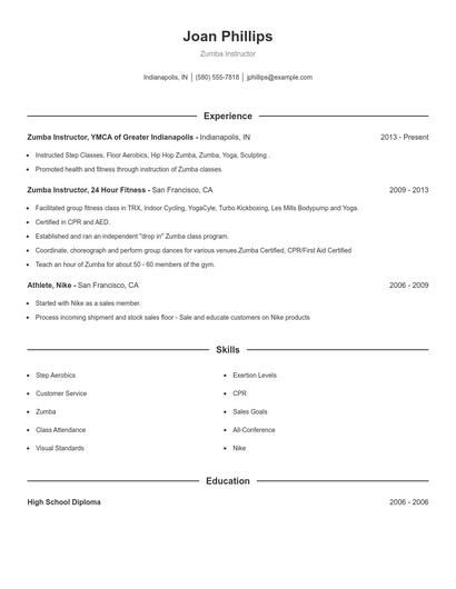 Zumba Instructor Resume