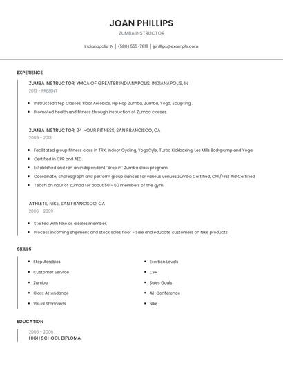 Zumba Instructor Resume