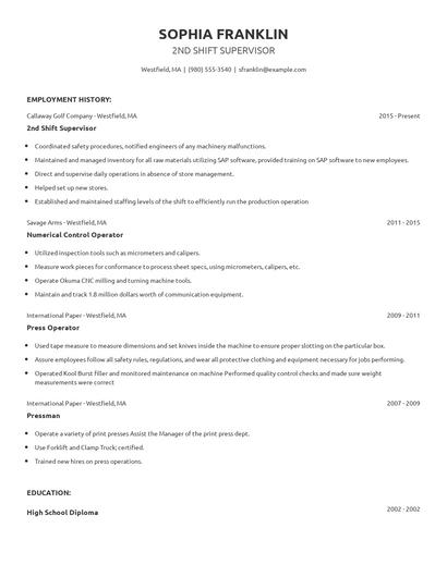 2nd Shift Supervisor Resume