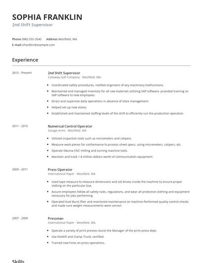 2nd Shift Supervisor Resume