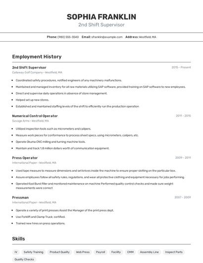2nd Shift Supervisor Resume