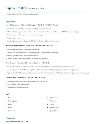 2nd Shift Supervisor Resume