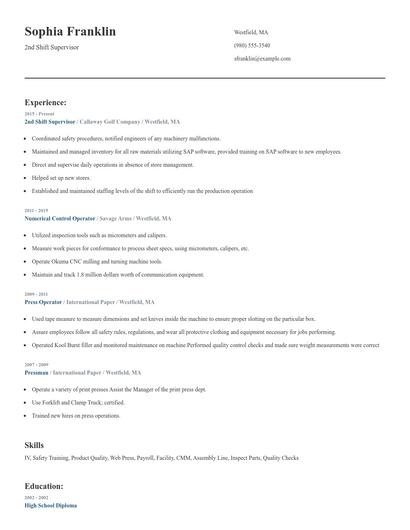 2nd Shift Supervisor Resume
