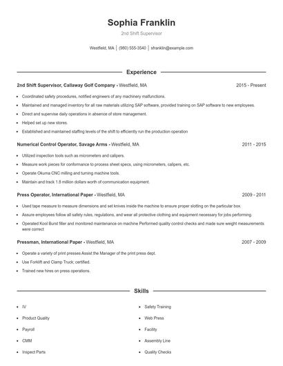 2nd Shift Supervisor Resume