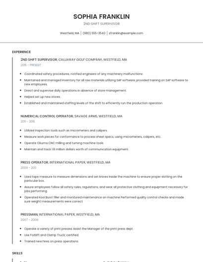 2nd Shift Supervisor Resume