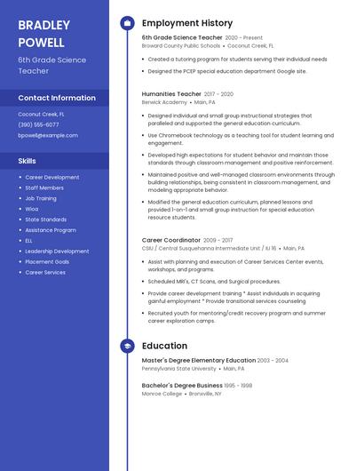 6th Grade Science Teacher Resume