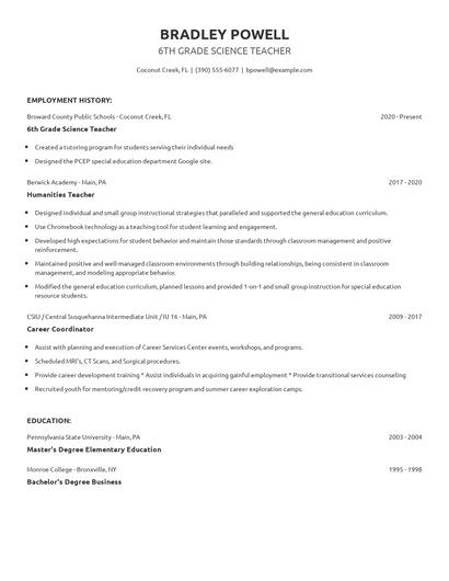 6th Grade Science Teacher Resume