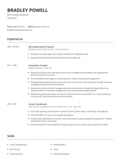 6th Grade Science Teacher Resume