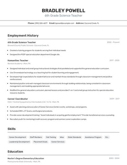 6th Grade Science Teacher Resume