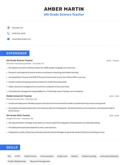 6th Grade Science Teacher Resume