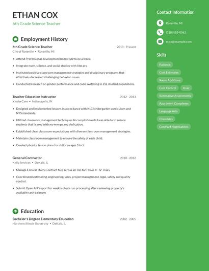 6th Grade Science Teacher Resume