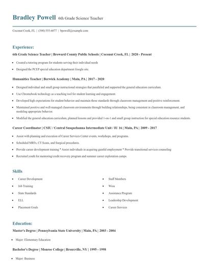 6th Grade Science Teacher Resume