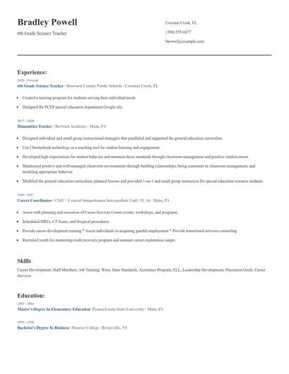 6th Grade Science Teacher Resume
