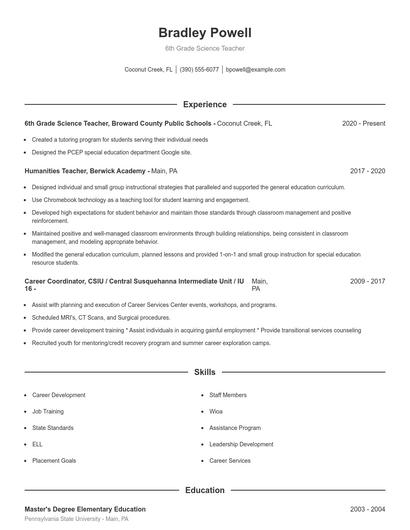 6th Grade Science Teacher Resume