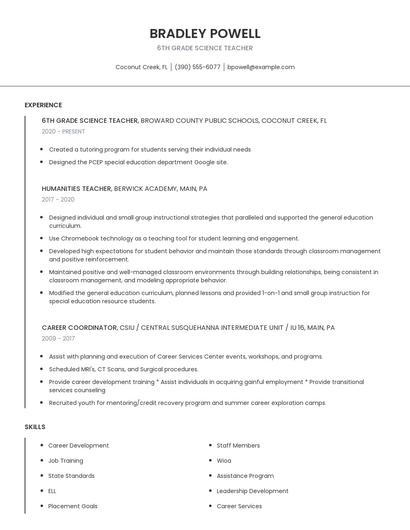 6th Grade Science Teacher Resume