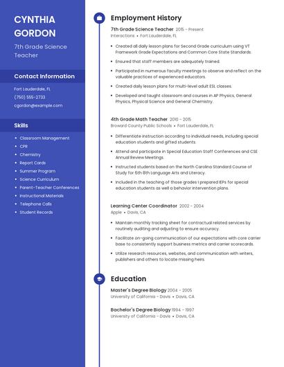 7th Grade Science Teacher Resume