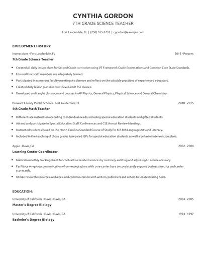 7th Grade Science Teacher Resume