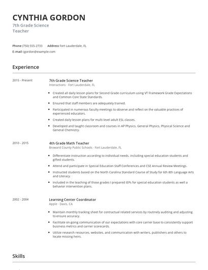 7th Grade Science Teacher Resume