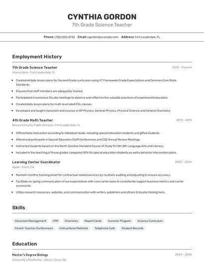 7th Grade Science Teacher Resume