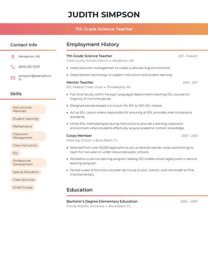 7th Grade Science Teacher Resume