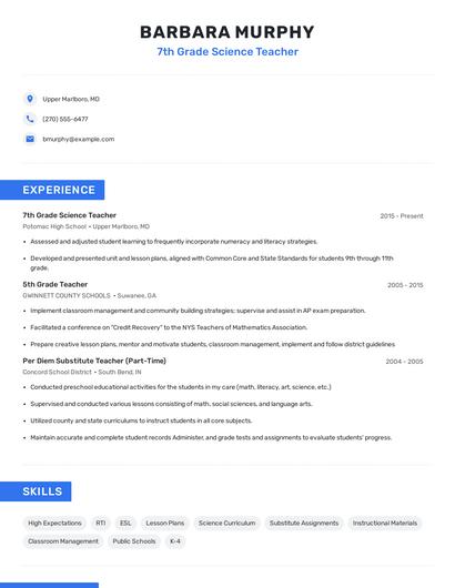 7th Grade Science Teacher Resume