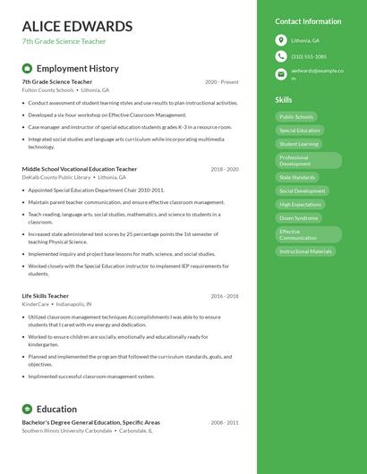 7th Grade Science Teacher Resume