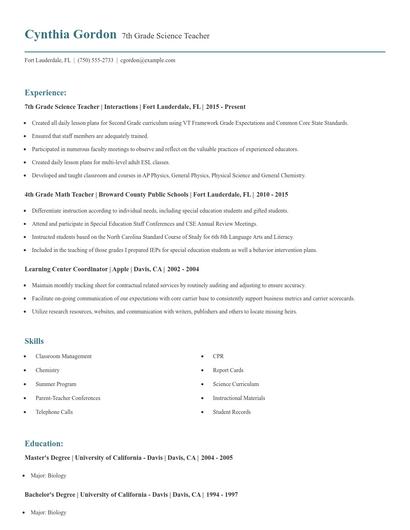 7th Grade Science Teacher Resume