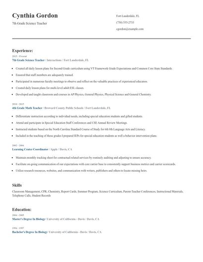 7th Grade Science Teacher Resume