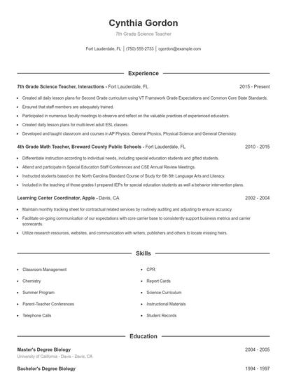 7th Grade Science Teacher Resume