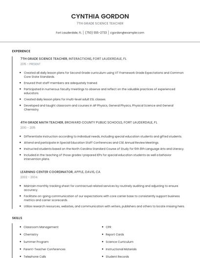 7th Grade Science Teacher Resume
