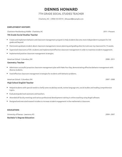 7th Grade Social Studies Teacher Resume