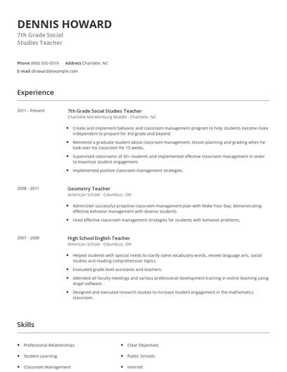 7th Grade Social Studies Teacher Resume