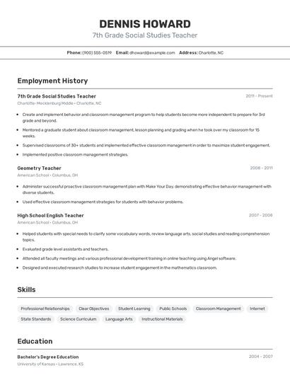 7th Grade Social Studies Teacher Resume