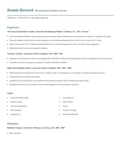 7th Grade Social Studies Teacher Resume