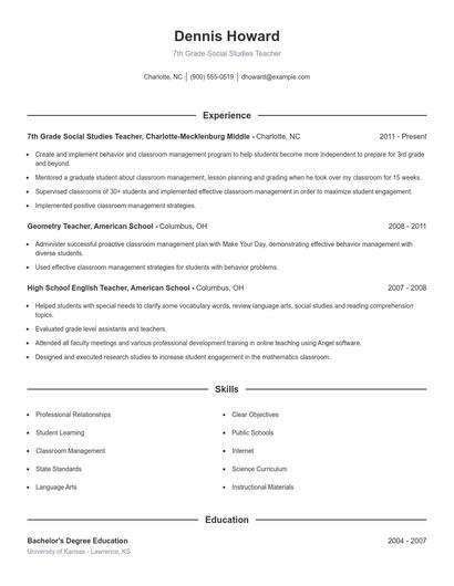 7th Grade Social Studies Teacher Resume