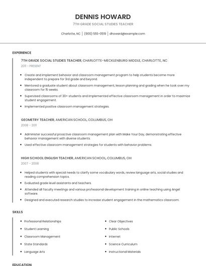7th Grade Social Studies Teacher Resume