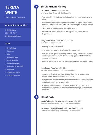 7th Grade Teacher Resume