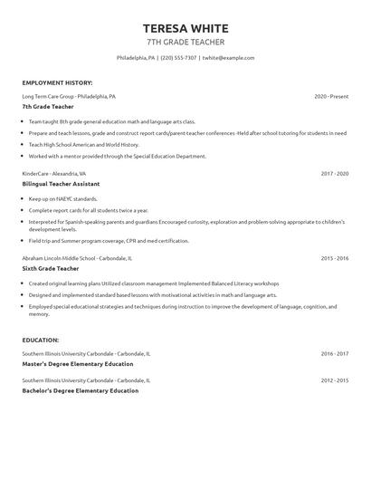 7th Grade Teacher Resume