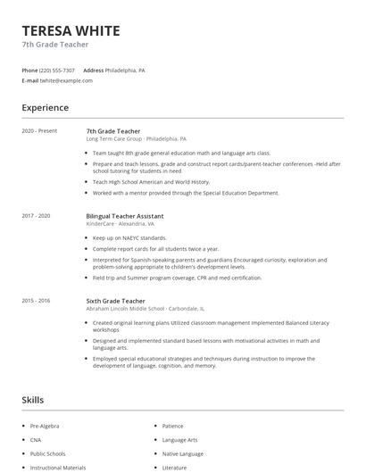7th Grade Teacher Resume