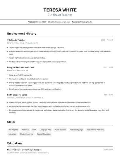 7th Grade Teacher Resume