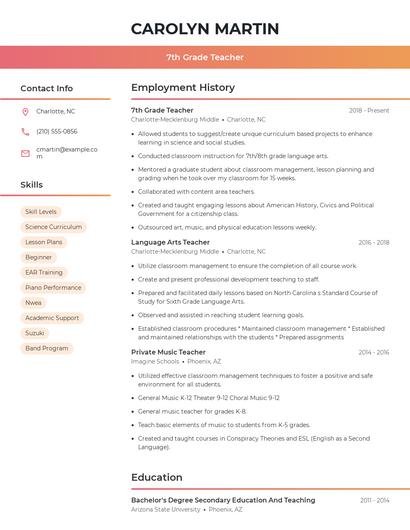 7th Grade Teacher Resume