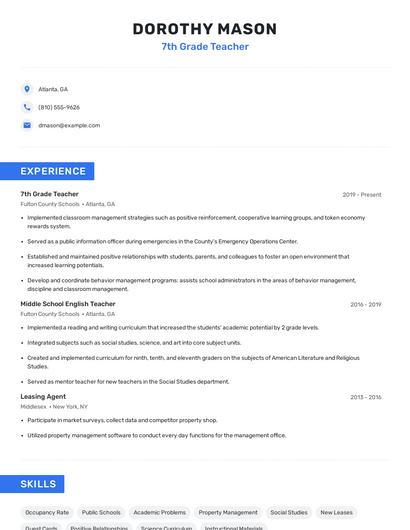 7th Grade Teacher Resume