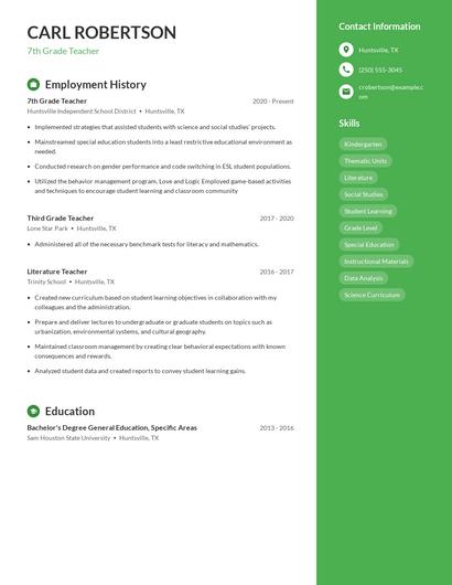 7th Grade Teacher Resume