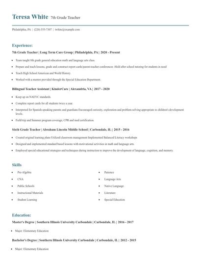 7th Grade Teacher Resume