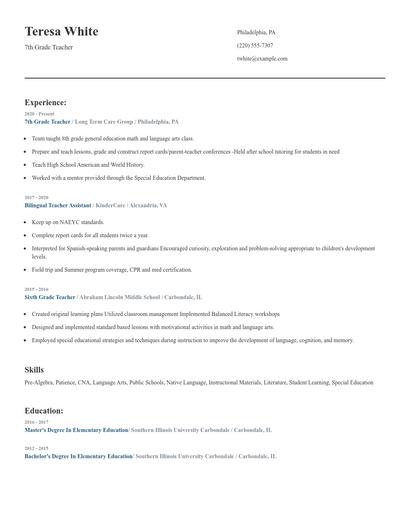 7th Grade Teacher Resume