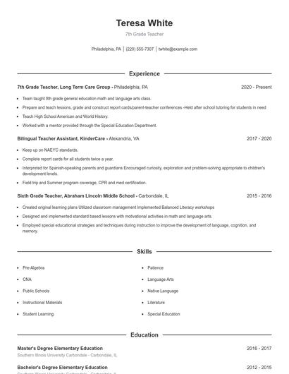 7th Grade Teacher Resume