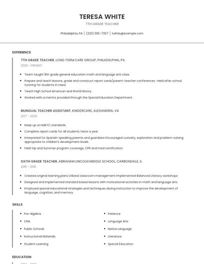 7th Grade Teacher Resume