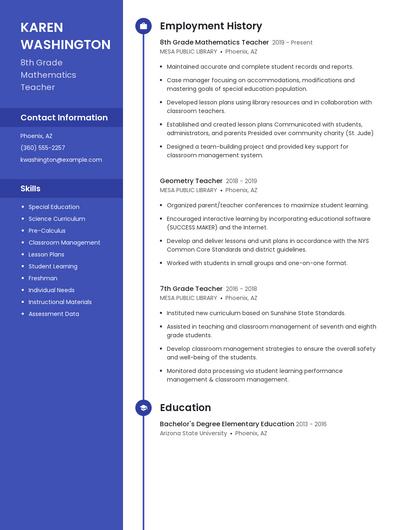 8th Grade Mathematics Teacher Resume