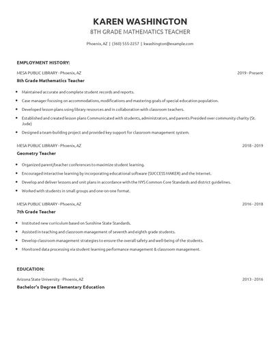 8th Grade Mathematics Teacher Resume